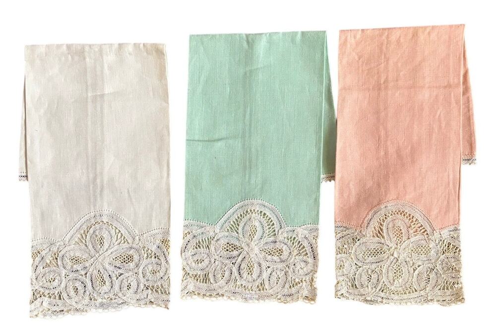 Antique Set of 3 Tape Lace Dinner Napkins Cotton Pastel Green Pink White 17"